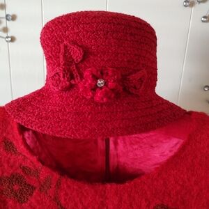 BETMAR RED CHENILLE ROLLED RIM BUCKET HAT with FLOWER DETAIL. Like New!